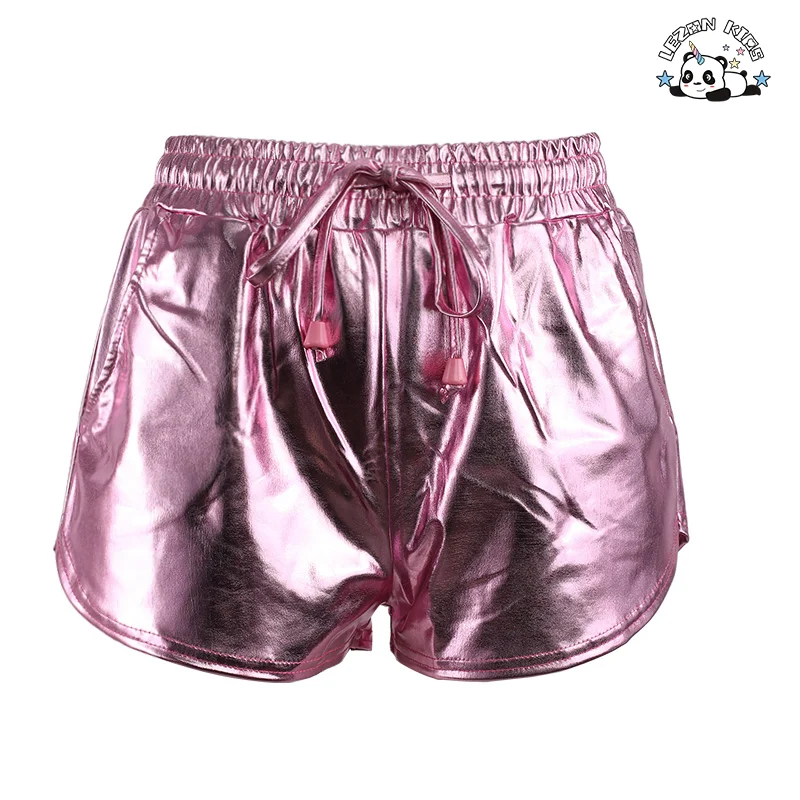 LEZONKIDS - Customized Metallic Fabric Kids Shorts High Waist Toddler Baby Solid Color Casual Girls Shorts